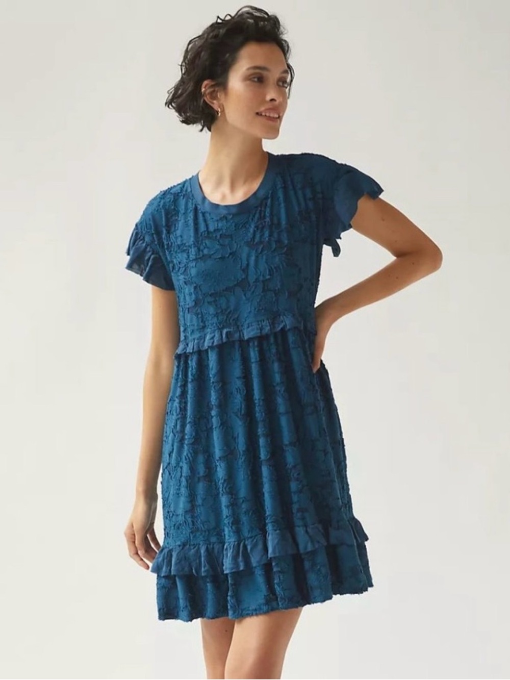 Anthropologie Blue Ruffle Knit Mini Dress, XS